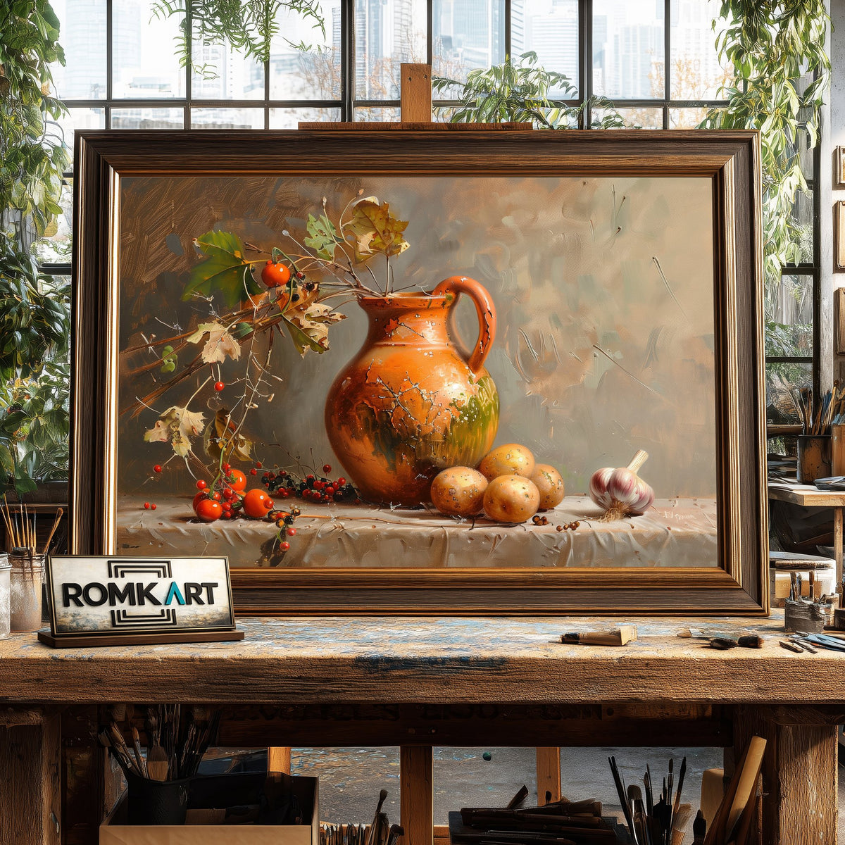 Vase, Potatoes and Garlic Still Life Oil Painting - image 2