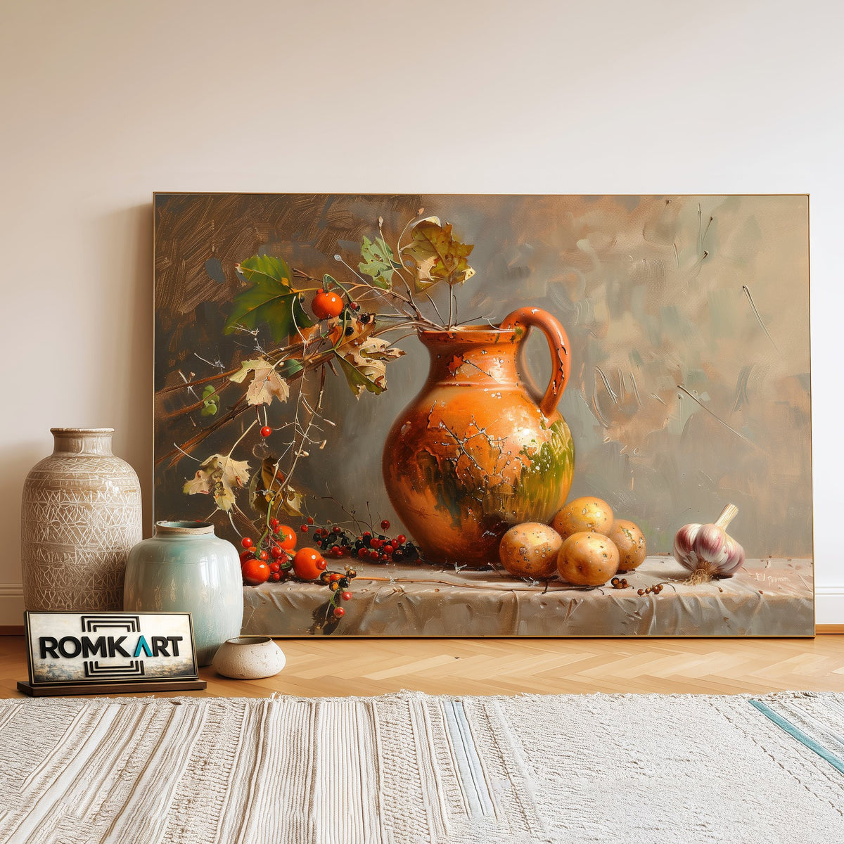 Vase, Potatoes and Garlic Still Life Oil Painting - image 3
