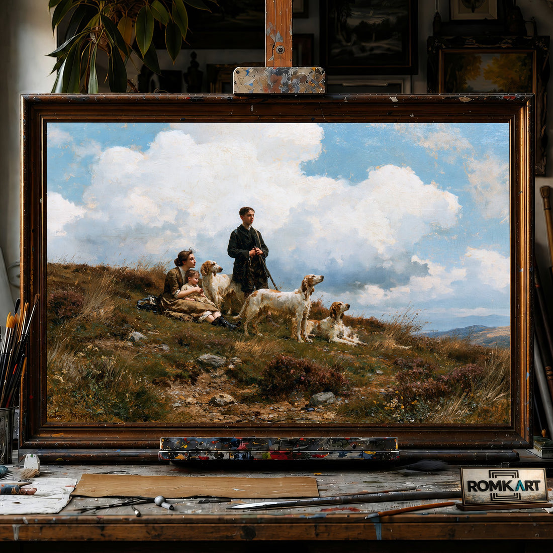 Victorian Countryside Family with hunting hounds - Hand-Painted Oil Painting - View 1