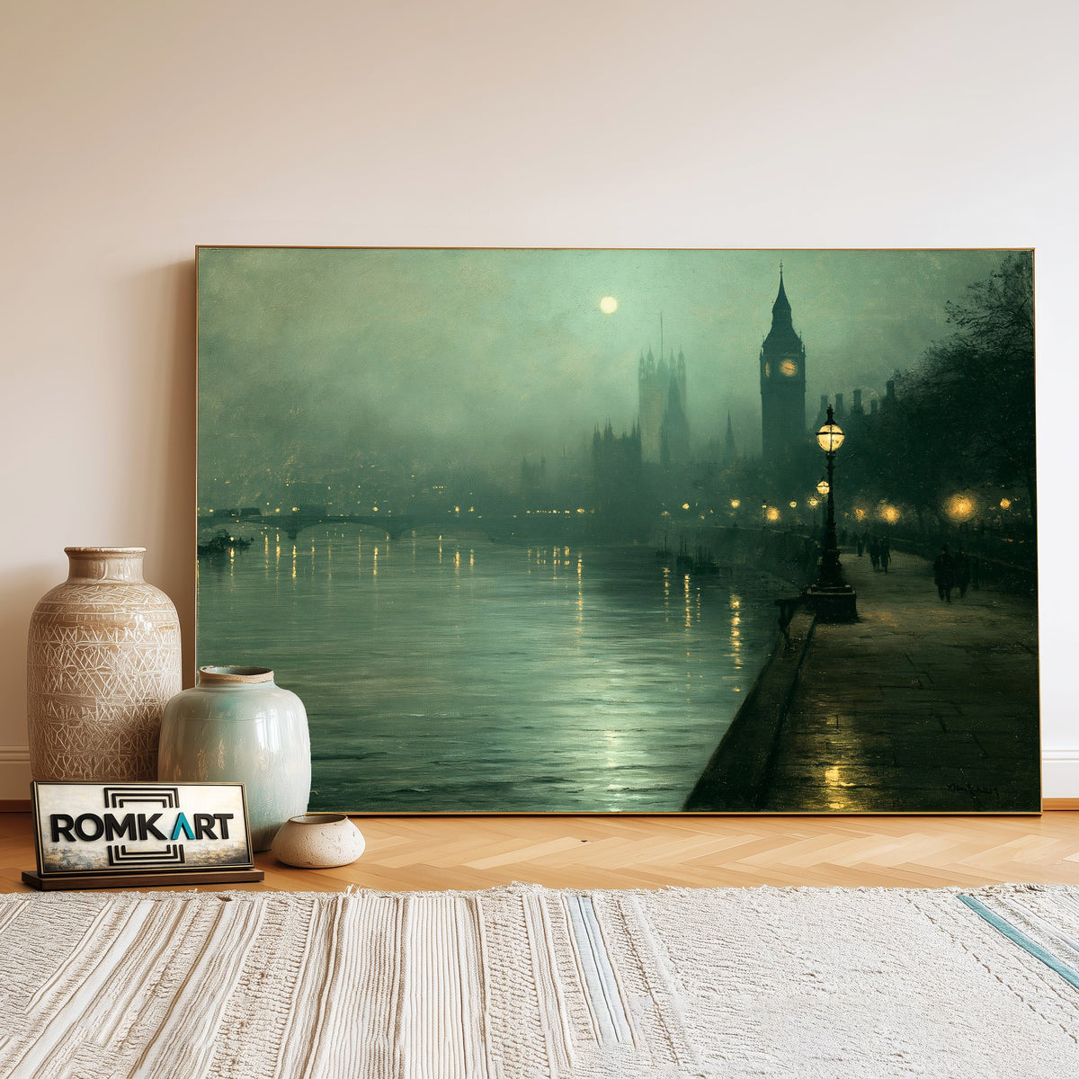 Victorian London Riverside Waterscape Oil Painting - image 3