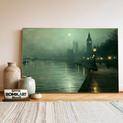 Victorian London Riverside Waterscape Oil Painting - image 3