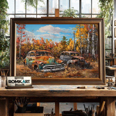 Vintage Abandoned Car Automotive Oil Painting - image 2