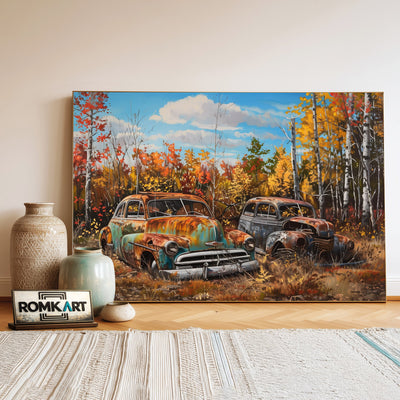 Vintage Abandoned Car Automotive Oil Painting - image 3