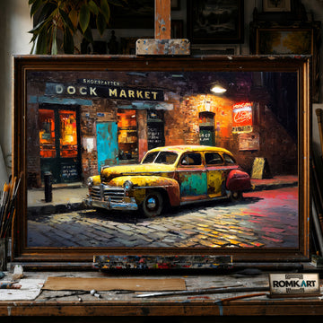 Vintage Car Cobblestone Street Automotive Oil Painting