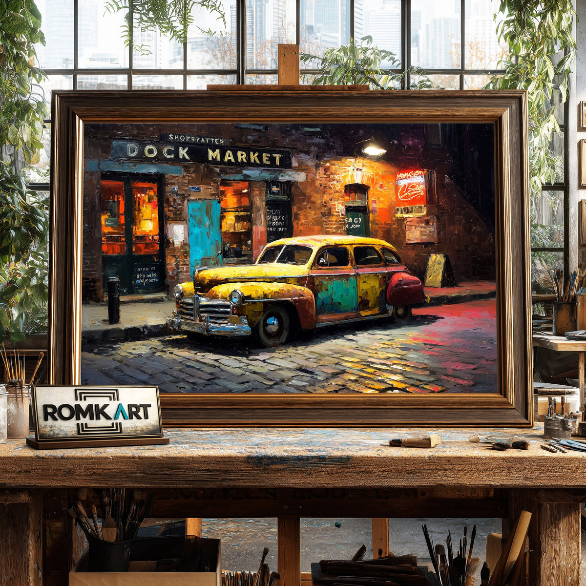 Vintage Car Cobblestone Street Automotive Oil Painting - image 2