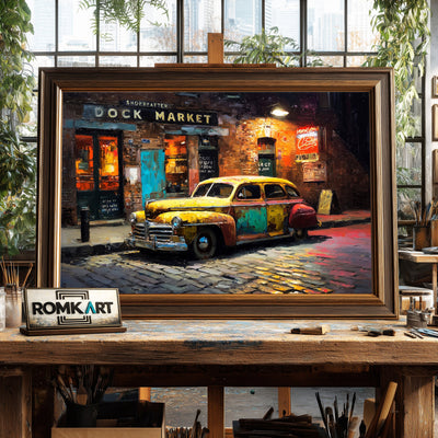 Vintage Car Cobblestone Street Automotive Oil Painting - image 2