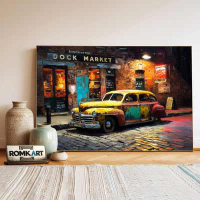 Vintage Car Cobblestone Street Automotive Oil Painting - image 3