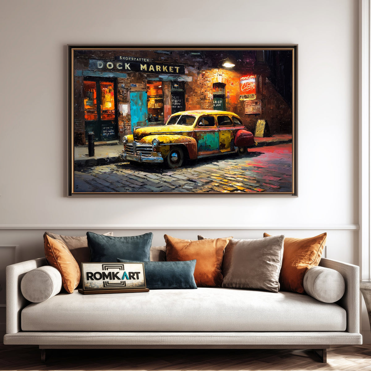 Vintage Car Cobblestone Street Automotive Oil Painting - image 4