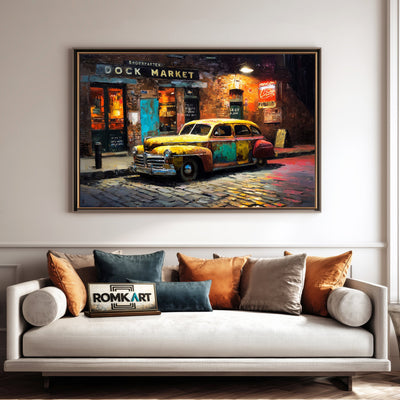 Vintage Car Cobblestone Street Automotive Oil Painting - image 4