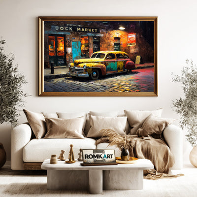 Vintage Car Cobblestone Street Automotive Oil Painting - image 5