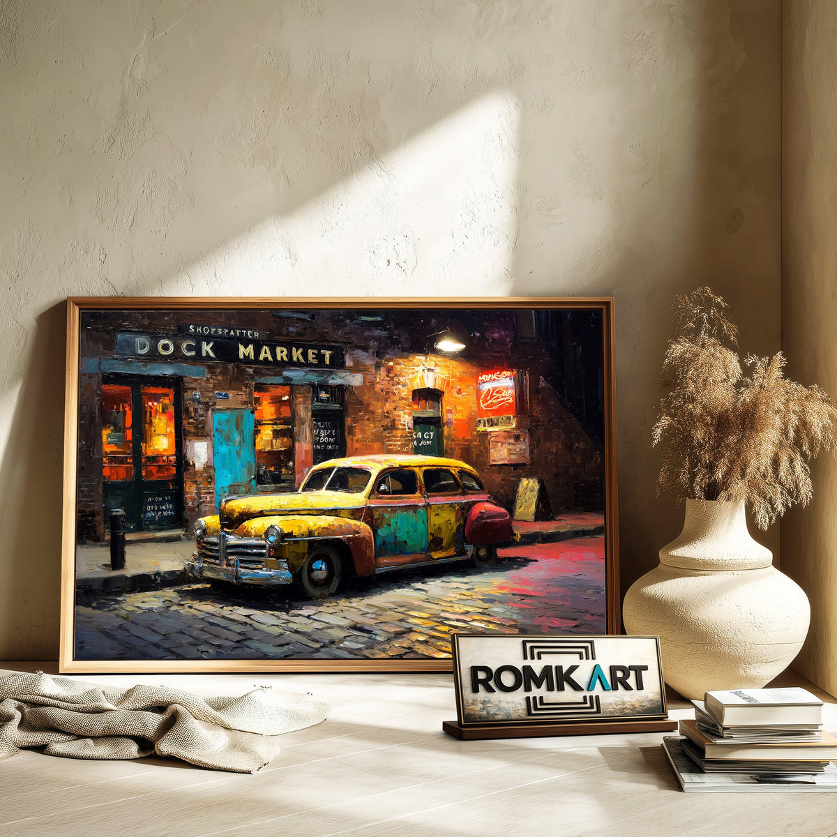 Vintage Car Cobblestone Street Automotive Oil Painting - image 6