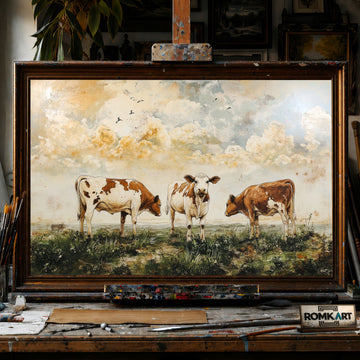 Vintage Cows Grazing hand-painted oil painting on canvas