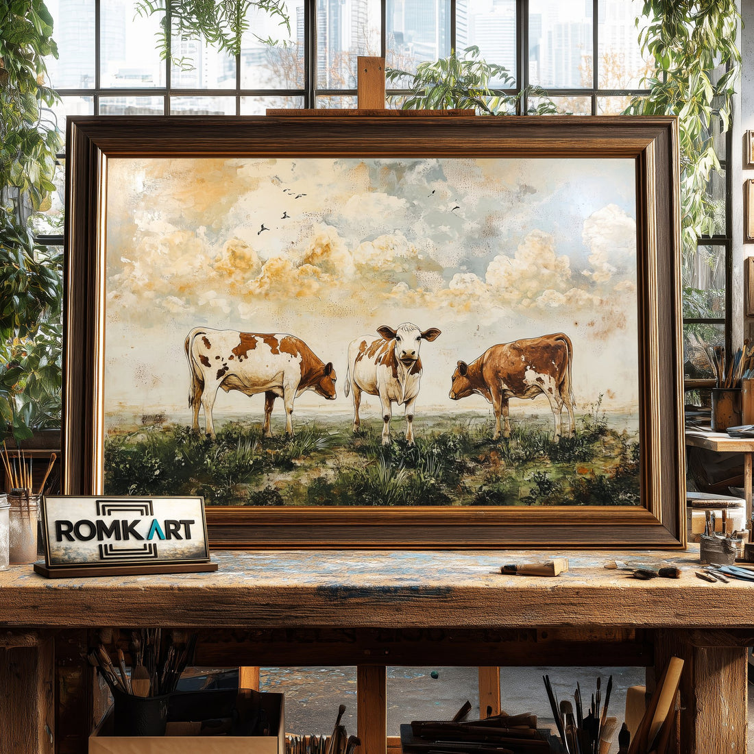 Vintage Cows Grazing hand-painted oil painting on canvas