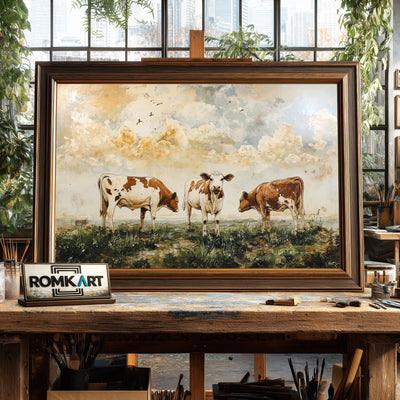 Vintage Cows Grazing Farm Animal Oil Painting - image 2