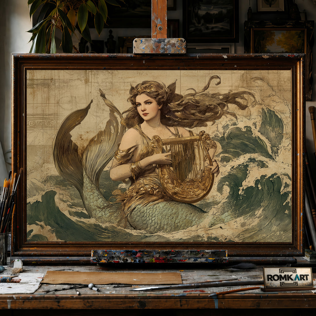 Vintage European-style Mermaid hand-painted oil painting on canvas