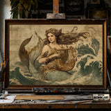 Vintage European-style Mermaid hand-painted oil painting on canvas