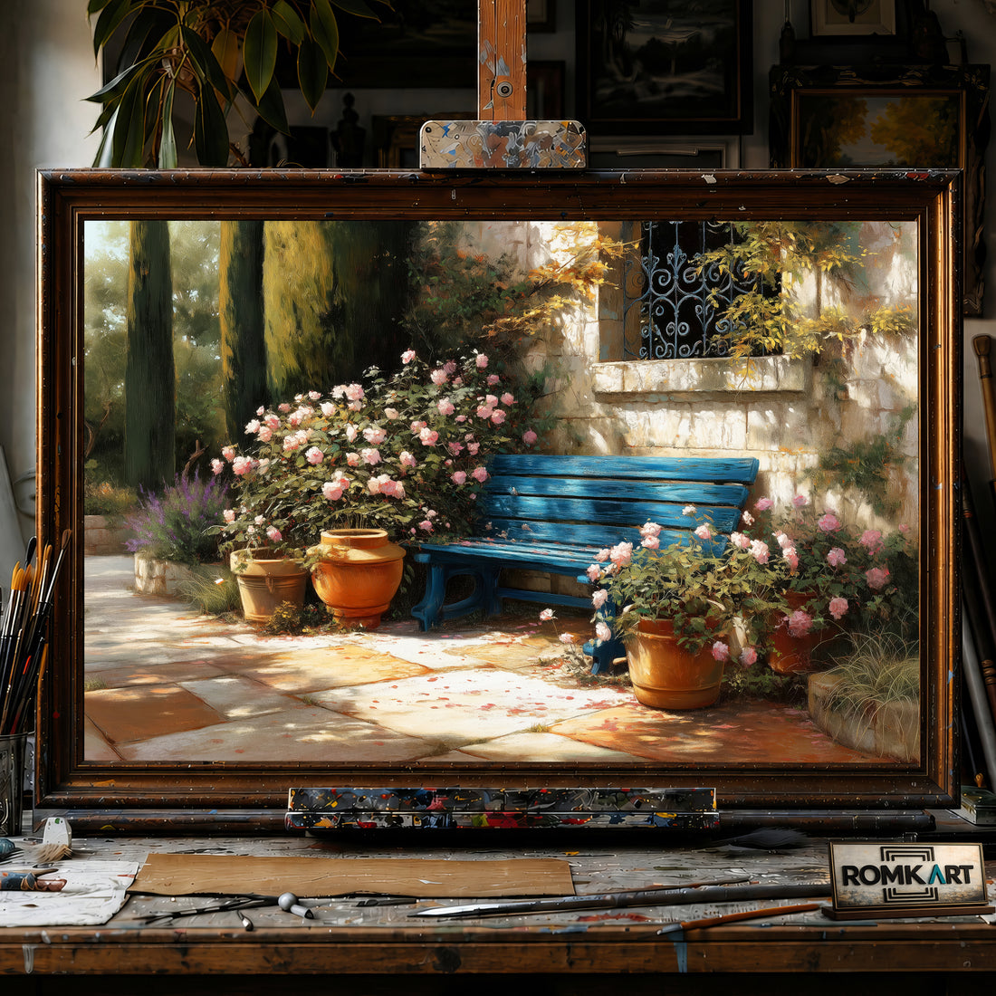 Vintage Mediterranean Garden hand-painted oil painting on canvas
