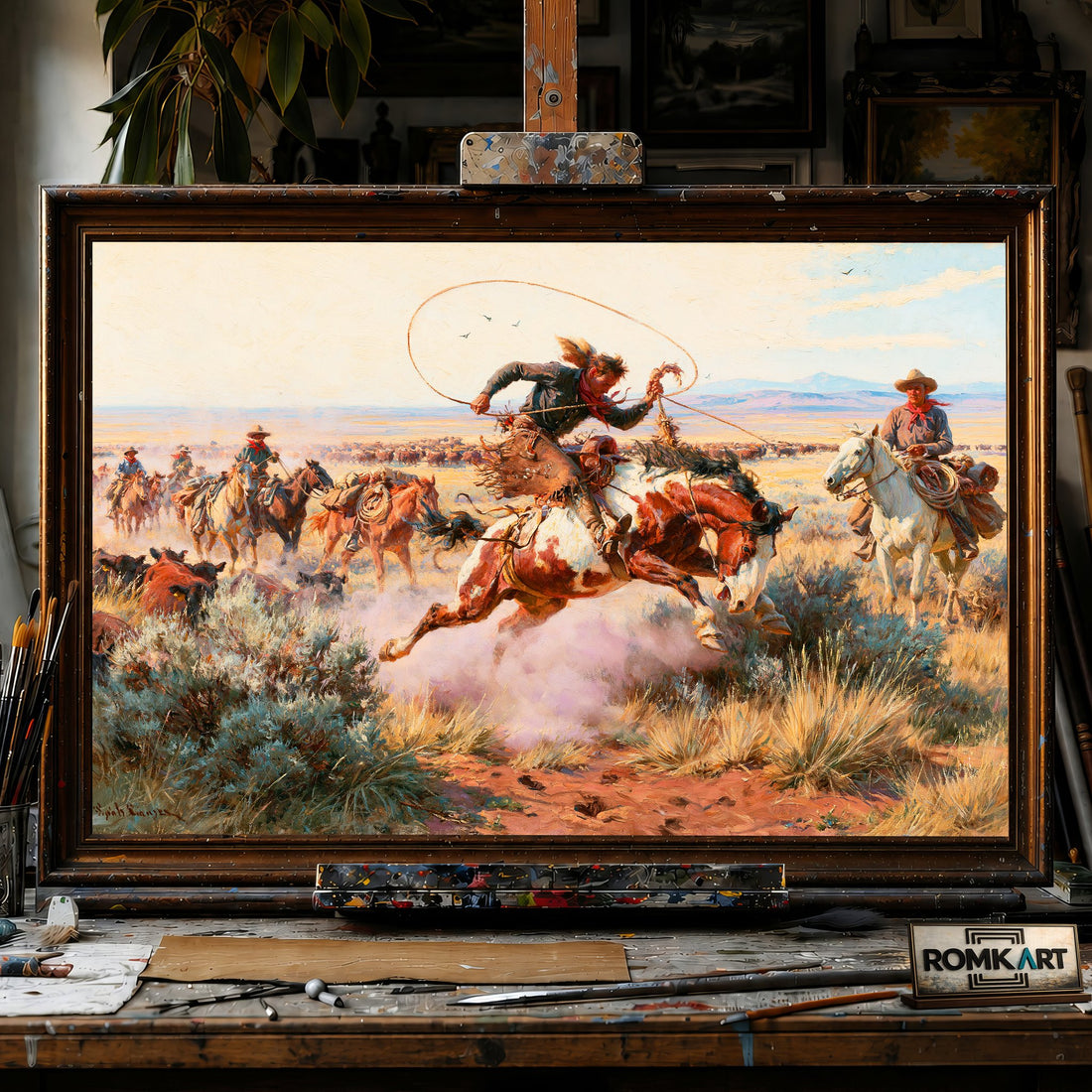 Western Cowboys - Hand-Painted Oil Painting - View 1