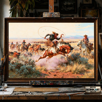 Western Cowboys - Hand-Painted Oil Painting - View 1
