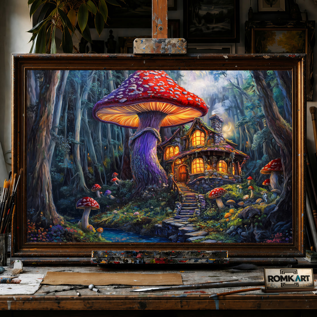 Whimsical Forest Mushroom hand-painted oil painting on canvas