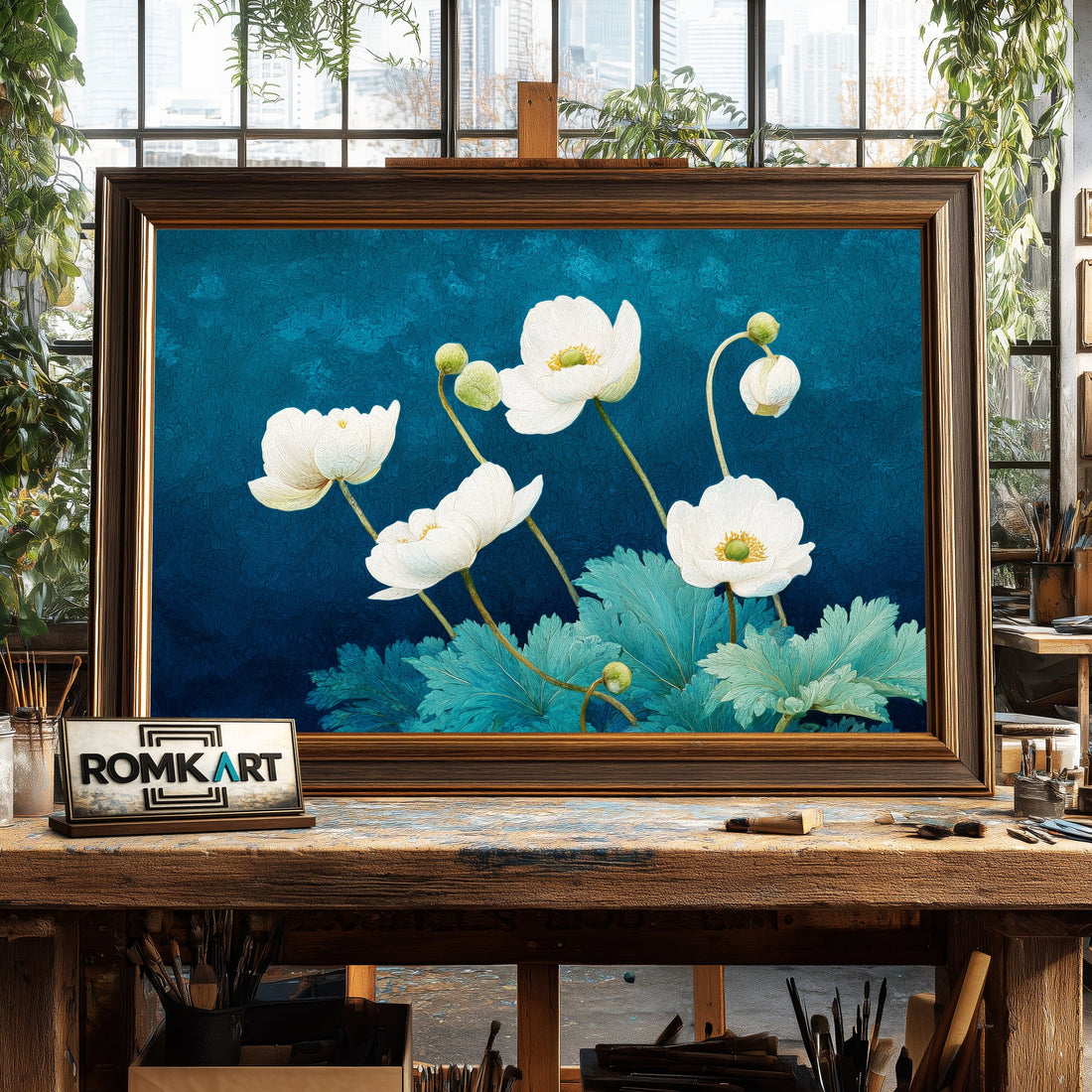 White Anemone Flowers hand-painted oil painting on canvas