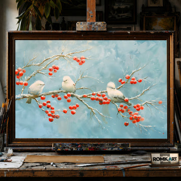 White Bird on Red Berries hand-painted oil painting on canvas