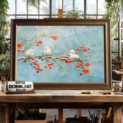 White Bird on Red Berries Oil Painting - image 2
