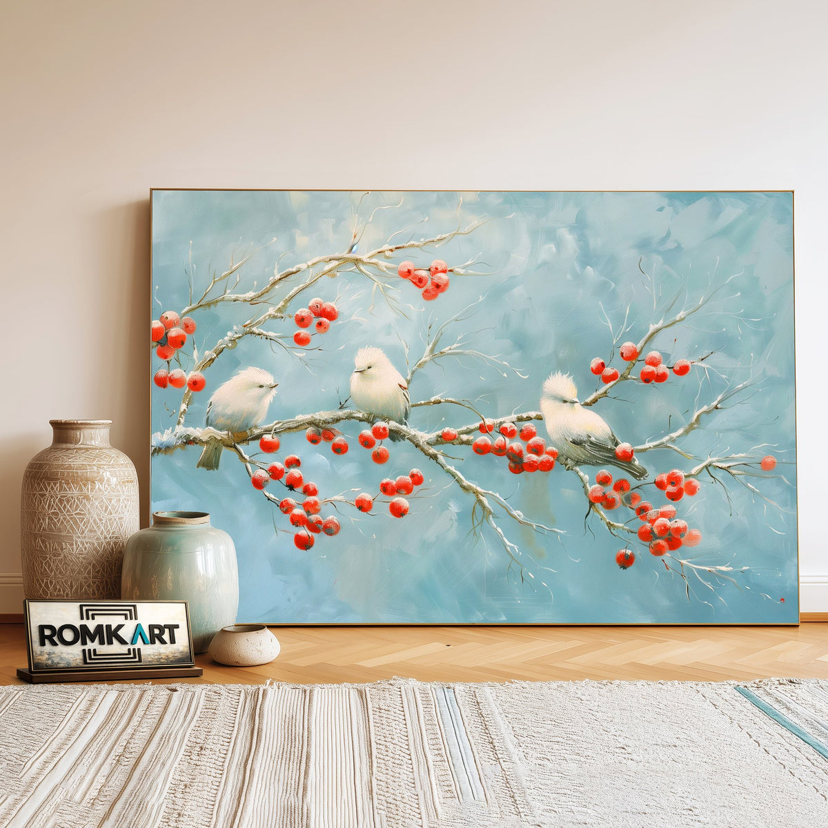 White Bird on Red Berries Oil Painting - image 3