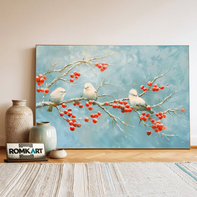 White Bird on Red Berries Oil Painting - image 3