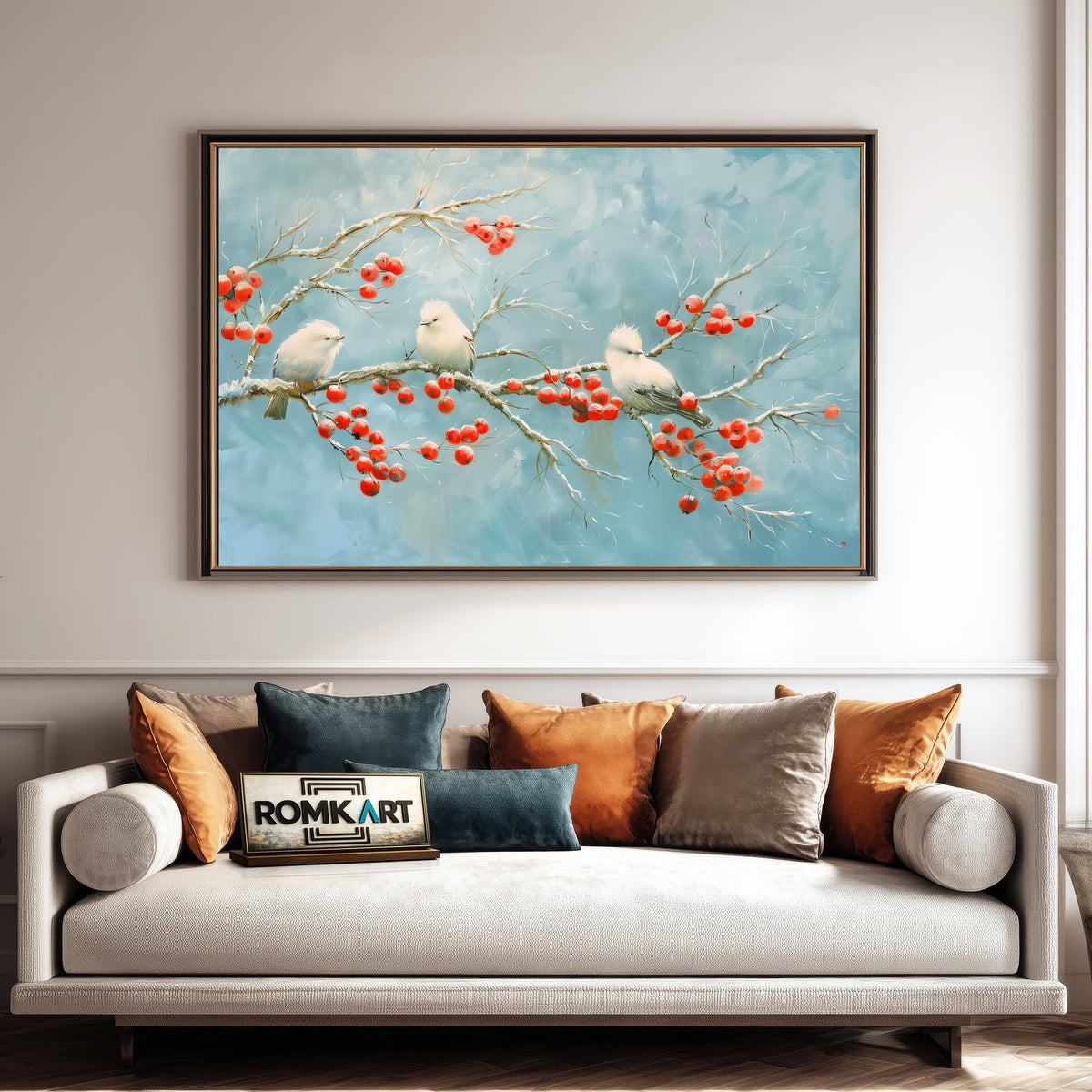 White Bird on Red Berries Oil Painting - image 4