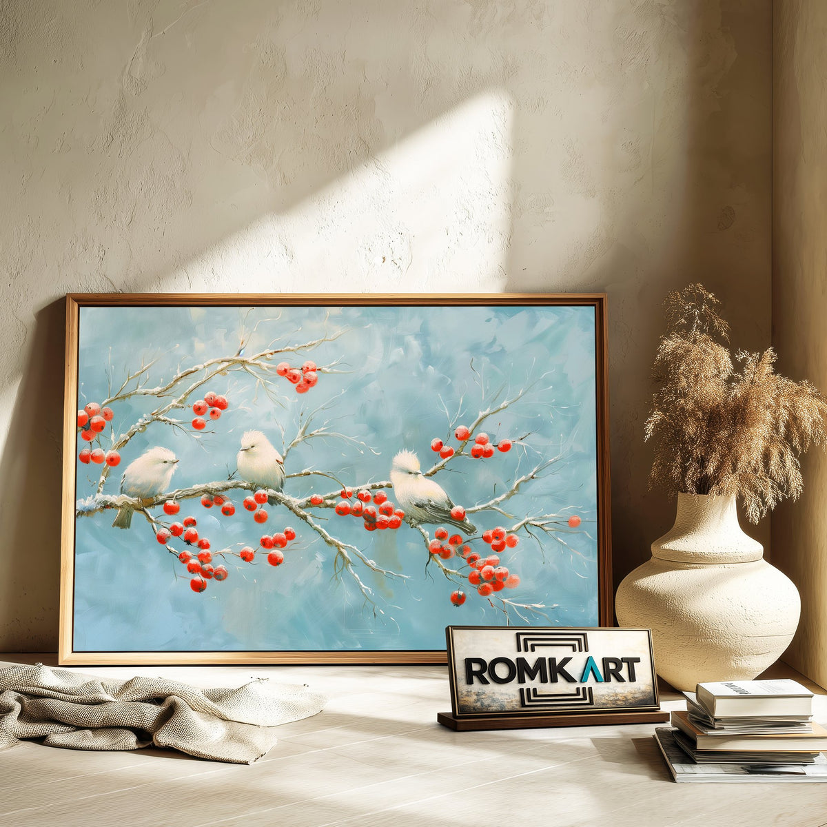 White Bird on Red Berries Oil Painting - image 6