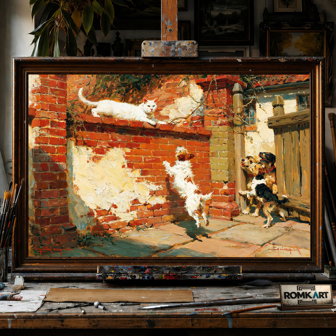 White cat and Dogs - Hand-Painted Oil Painting - View 1