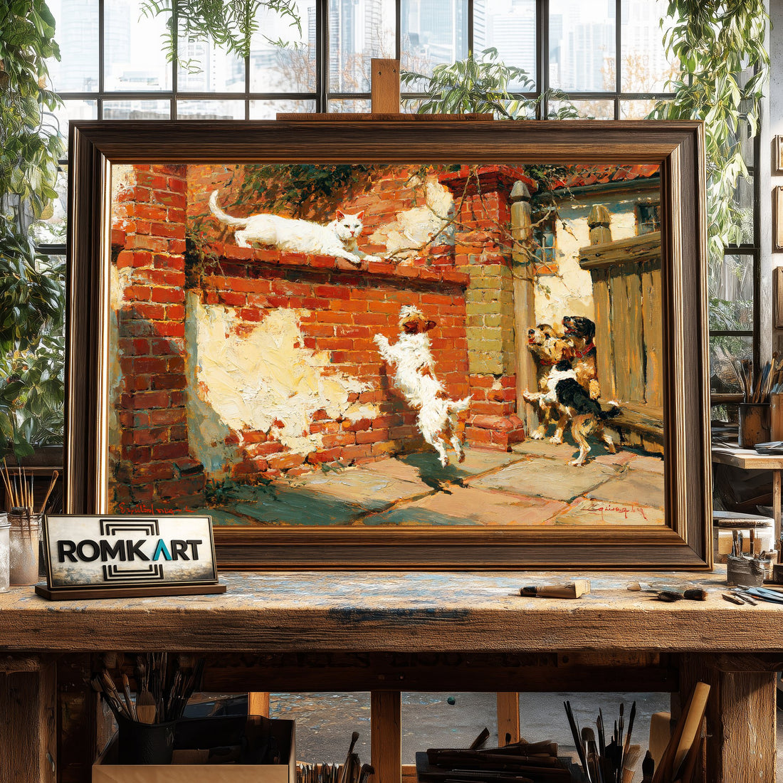 White cat and Dogs - Hand-Painted Oil Painting - View 1