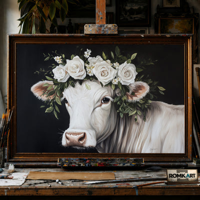 White Cow with Floral Crown hand-painted oil painting on canvas