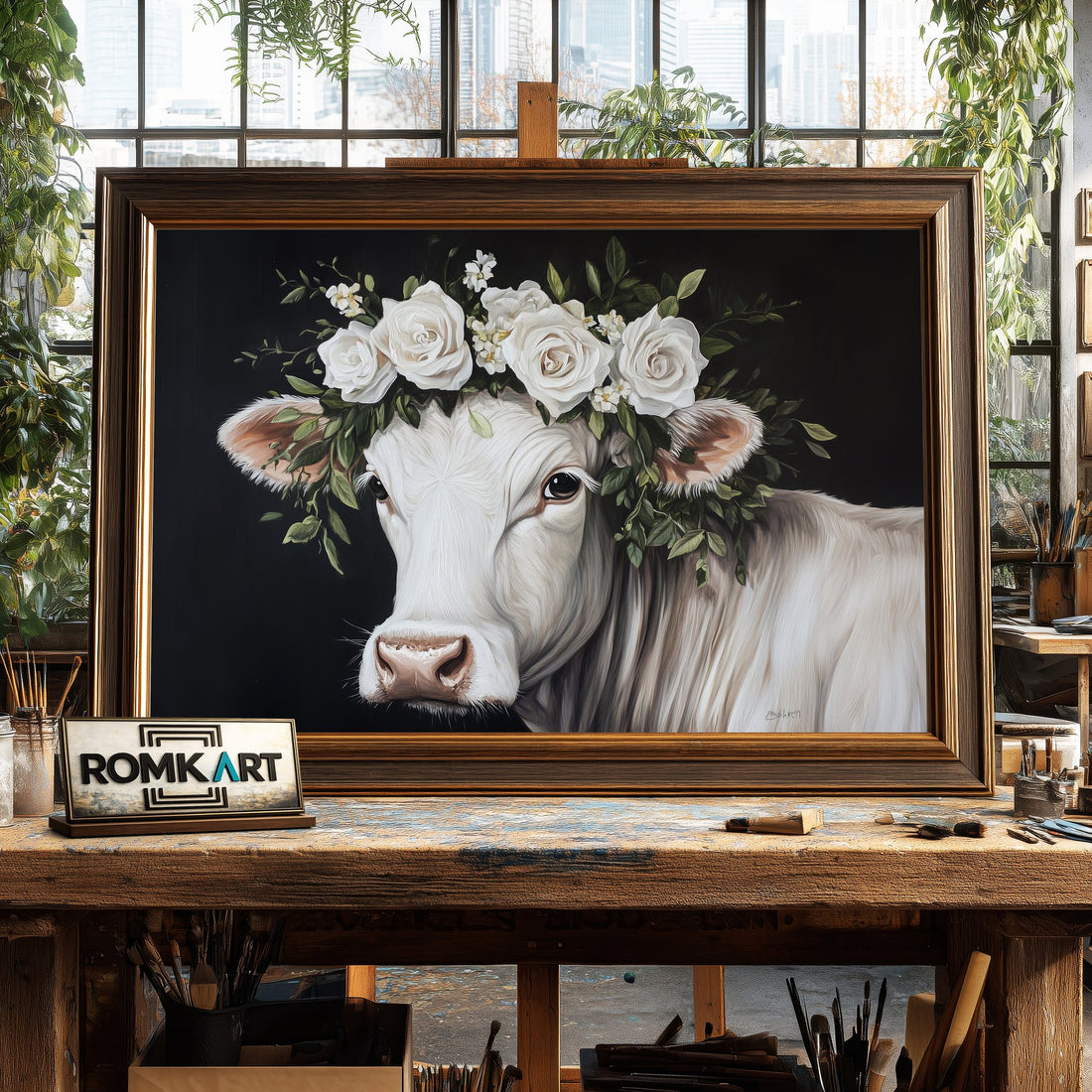 White Cow with Floral Crown hand-painted oil painting on canvas