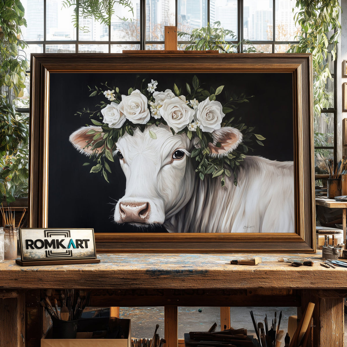 White Cow with Floral Crown Farm Animal Oil Painting - image 2