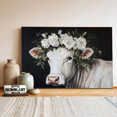 White Cow with Floral Crown Farm Animal Oil Painting - image 3