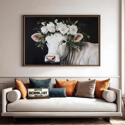 White Cow with Floral Crown Farm Animal Oil Painting - image 4