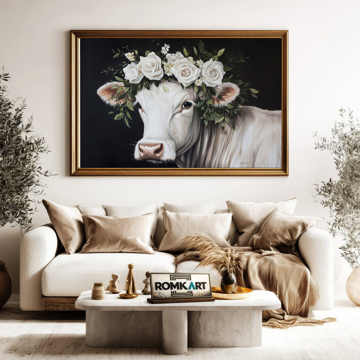 White Cow with Floral Crown Farm Animal Oil Painting - image 5