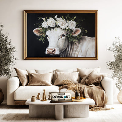 White Cow with Floral Crown Farm Animal Oil Painting - image 5
