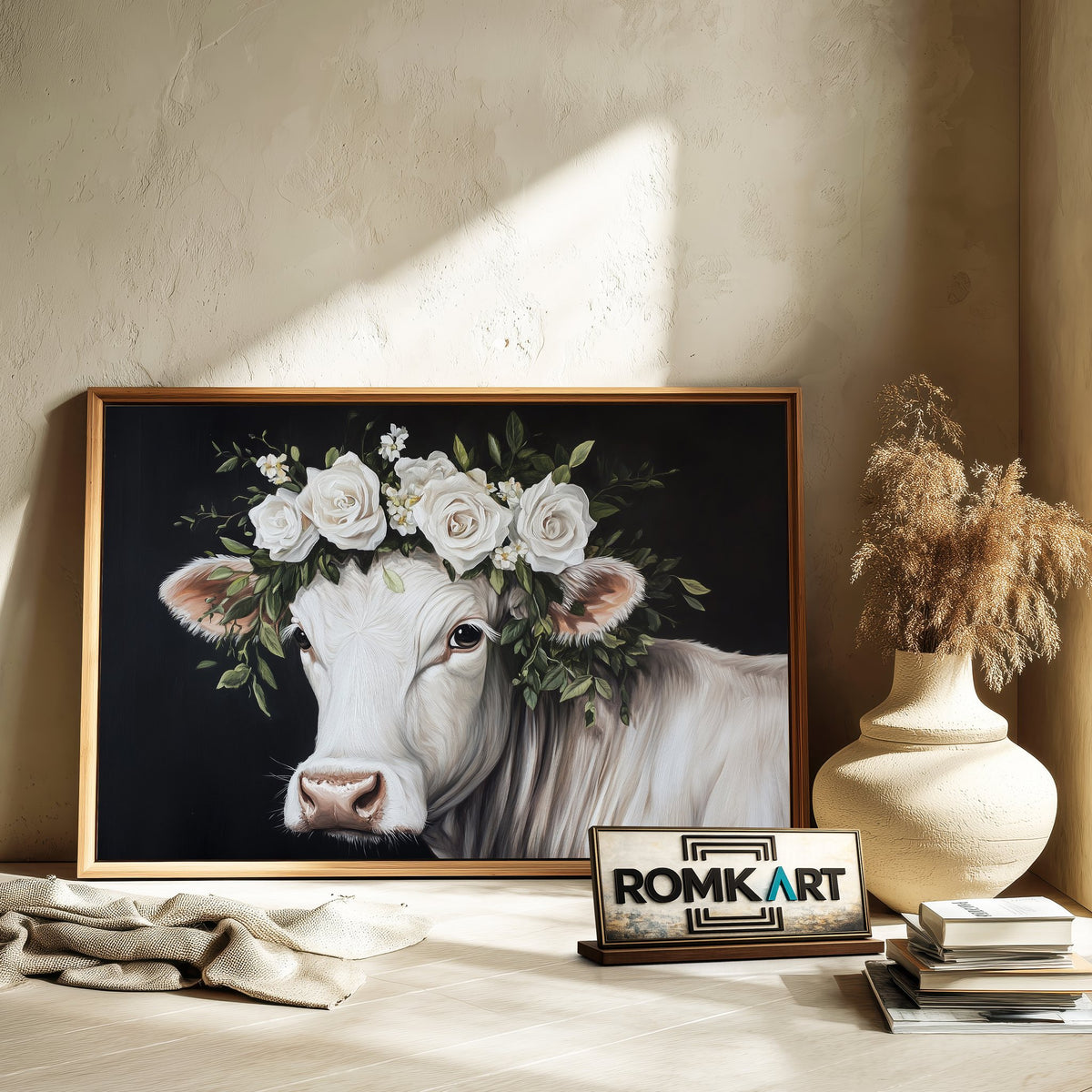 White Cow with Floral Crown Farm Animal Oil Painting - image 6