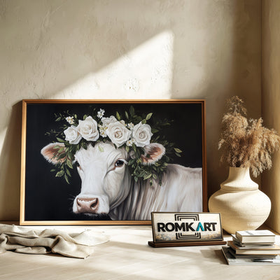 White Cow with Floral Crown Farm Animal Oil Painting - image 6