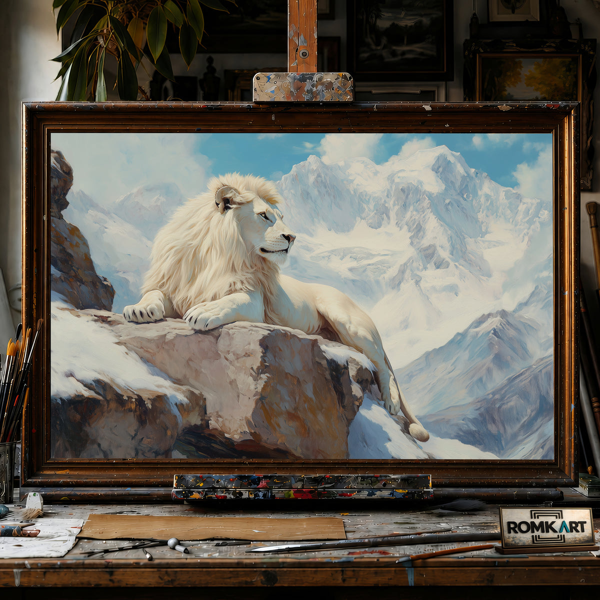 White Lion on Snow Mountain hand-painted oil painting on canvas