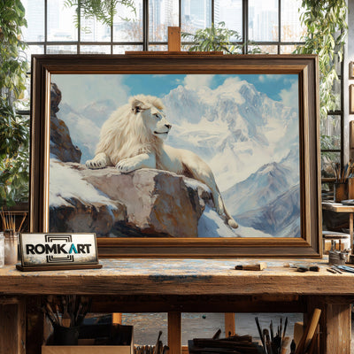 White Lion on Snow Mountain Wildlife Oil Painting - image 2