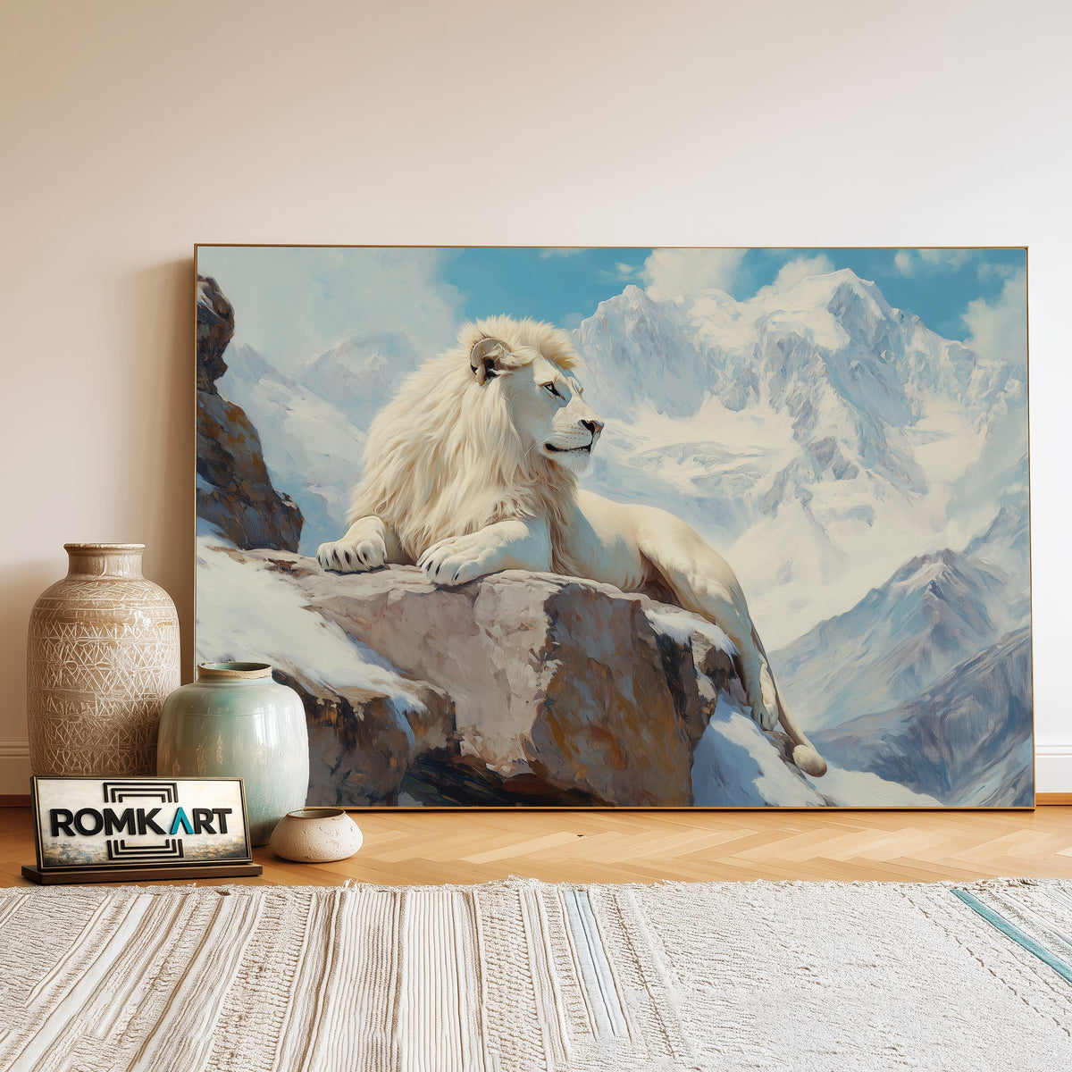 White Lion on Snow Mountain Wildlife Oil Painting - image 3