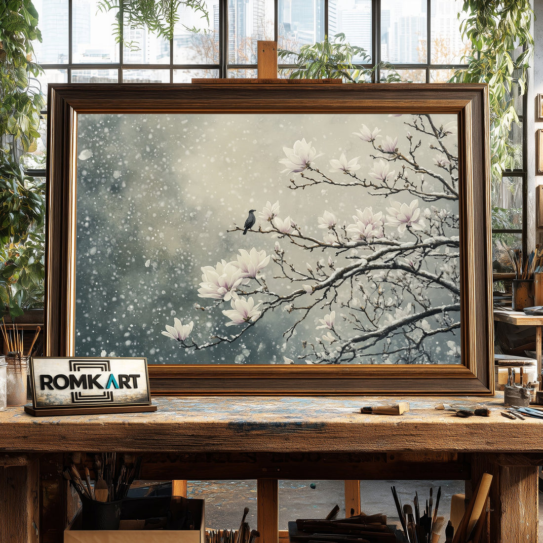 White Magnolia Tree in Snow hand-painted oil painting on canvas