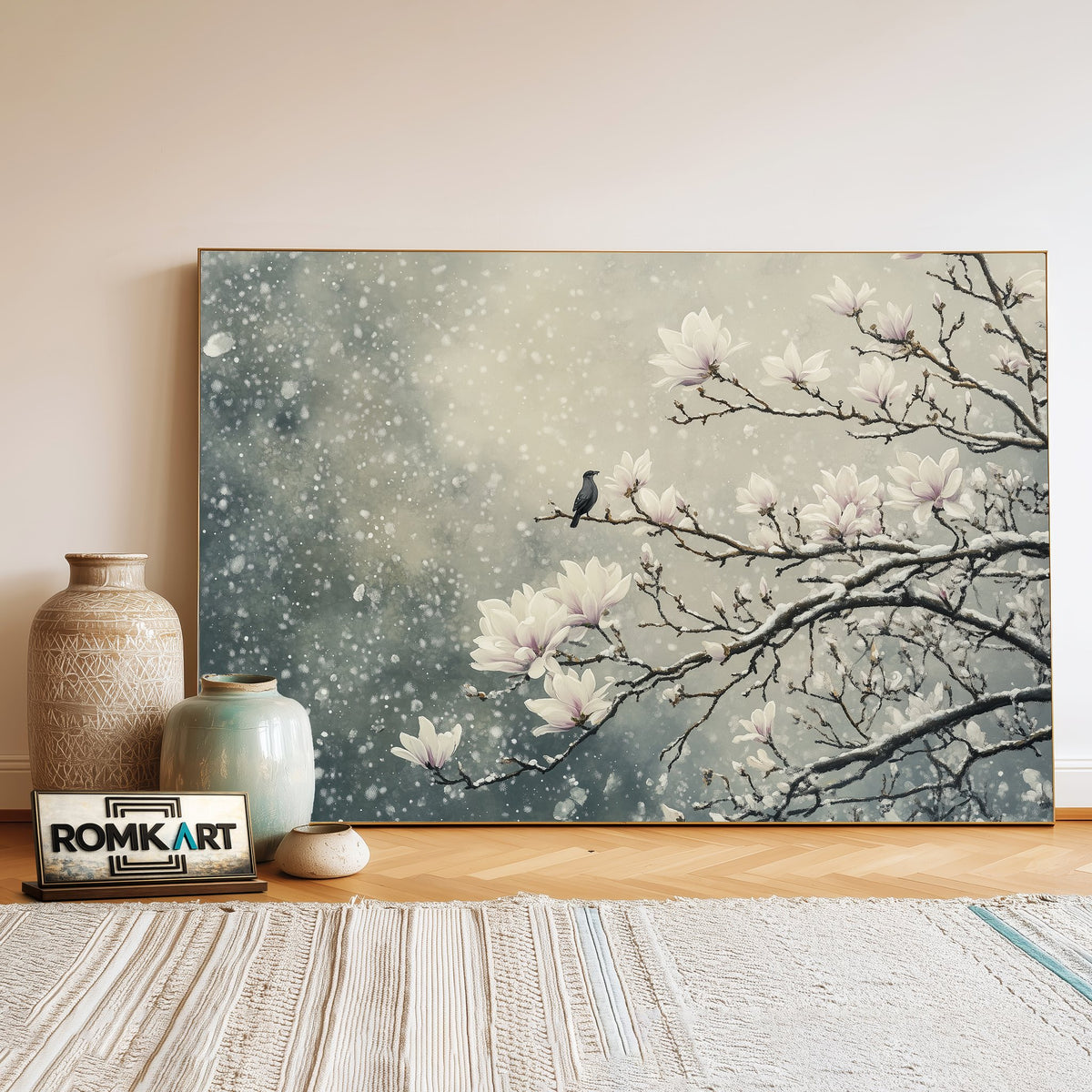White Magnolia Tree in Snow Floral Oil Painting - image 3