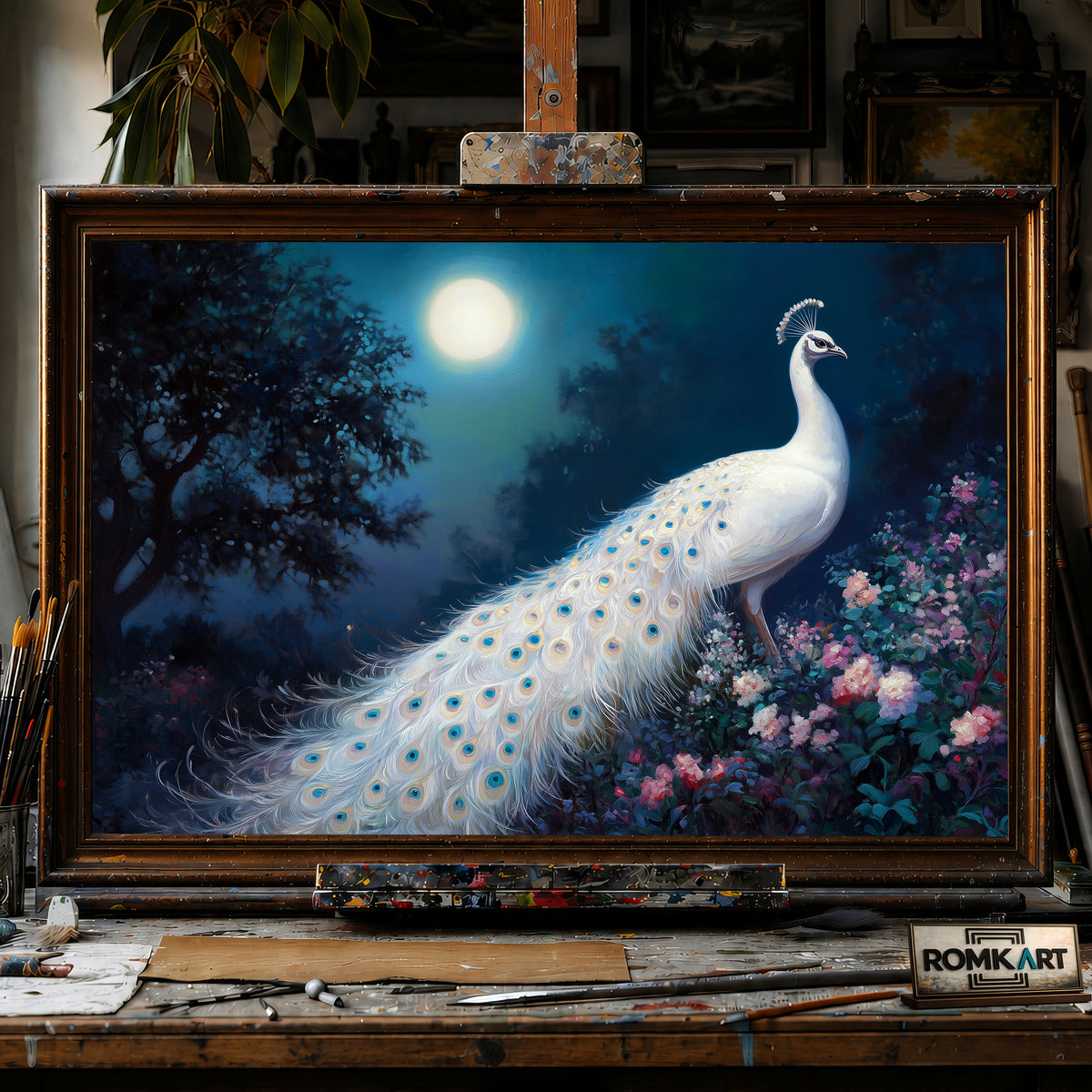 White Peacock Full Moon hand-painted oil painting on canvas