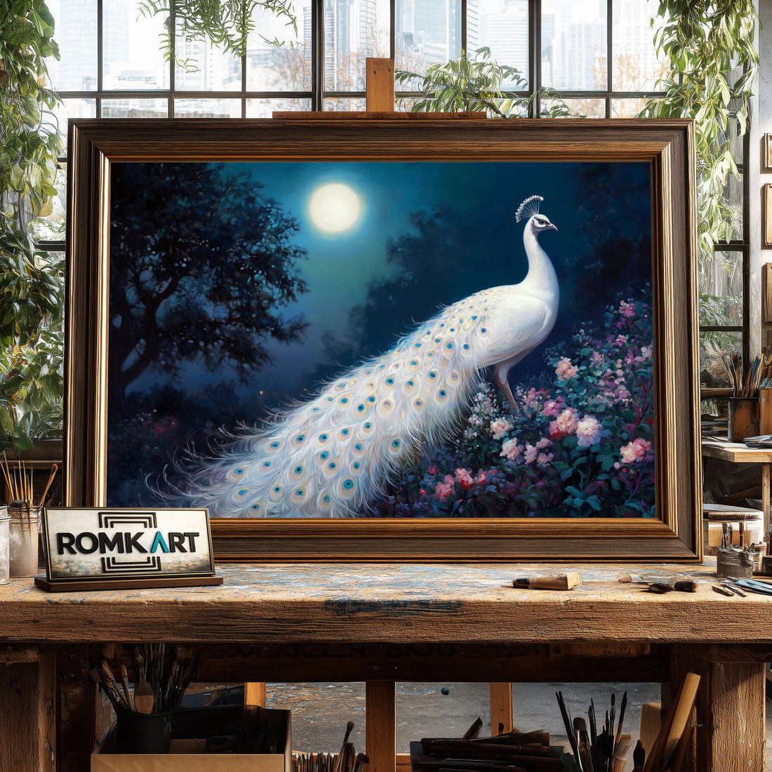 White Peacock Full Moon hand-painted oil painting on canvas