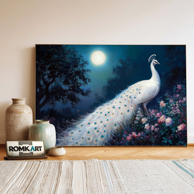 White Peacock Full Moon Bird Oil Painting - image 3
